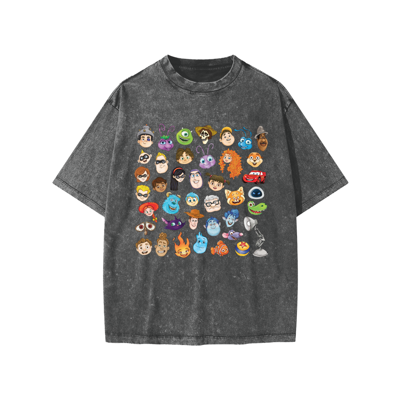 Watercolour Disney Pixar Protagonist Icons Dark Grey Snow Washed Kids' Tee, Toy Story, A Bug’s Life, Monsters, Inc., Finding Nemo, The Incredibles, Cars, Ratatouille, WALL-E, Up, Brave, Inside Out, The Good Dinosaur, Coco, Onward, Soul, Luca, Turning Red, Elemental, Elio, Hoppers, Gatto