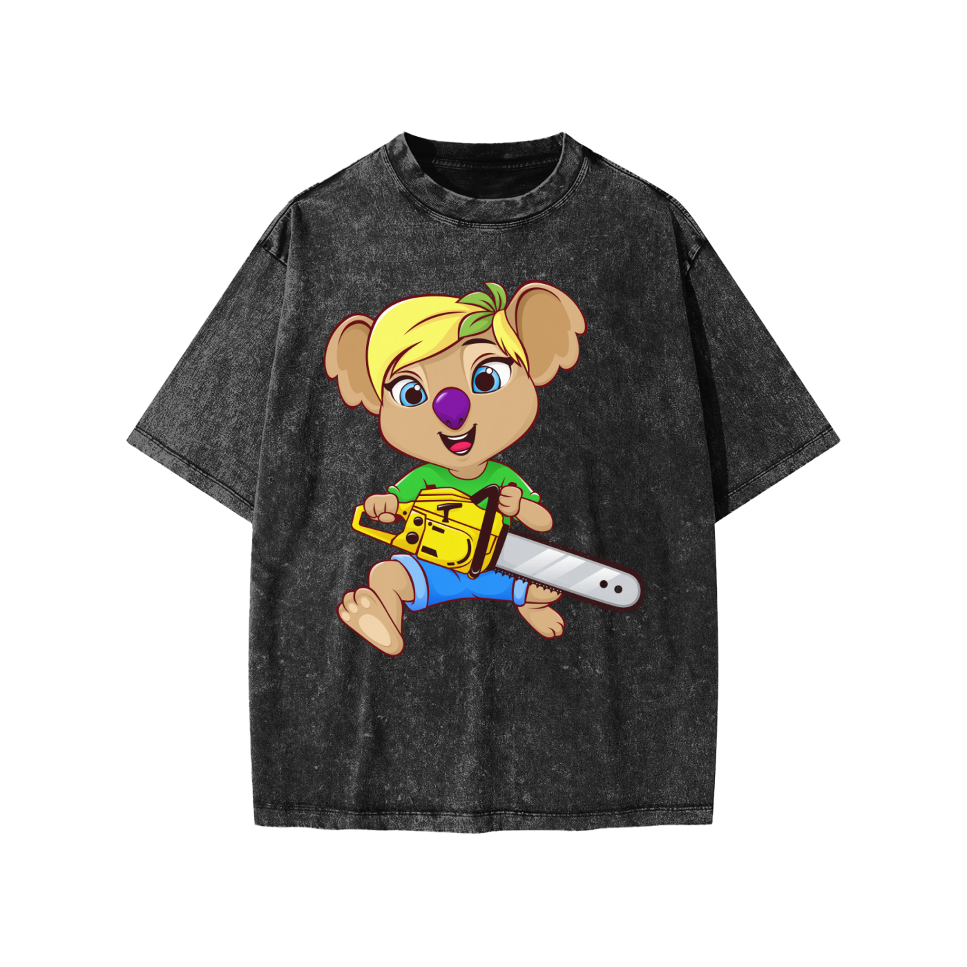 Disney Style Koala Chainsaw Snow Washed Black Kids' Tee 