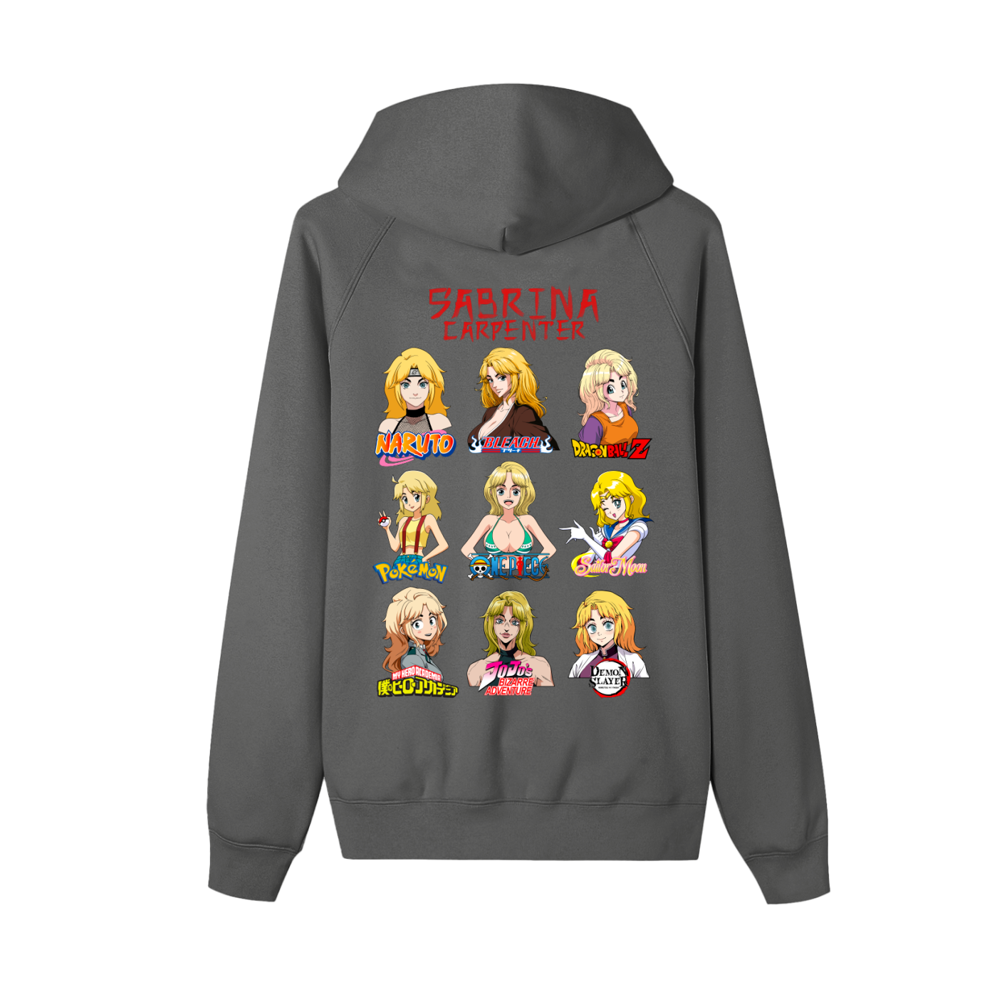 Sabrina Carpenter Anime Art Styles Dark Grey Zip-Up Fleece Hoodie, Naruto, Bleach, Dragonball Z, Pokémon, One Piece, Sailor Moon, My Hero Academia, Jojo's Bizarre Adventure, Demon Slayer