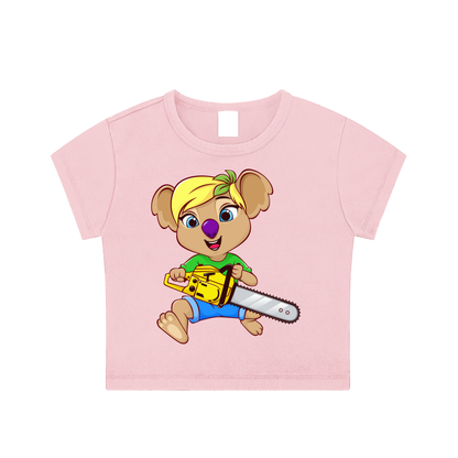 Disney Style Koala Chainsaw Woman's Snow Washed Pink Crop Top