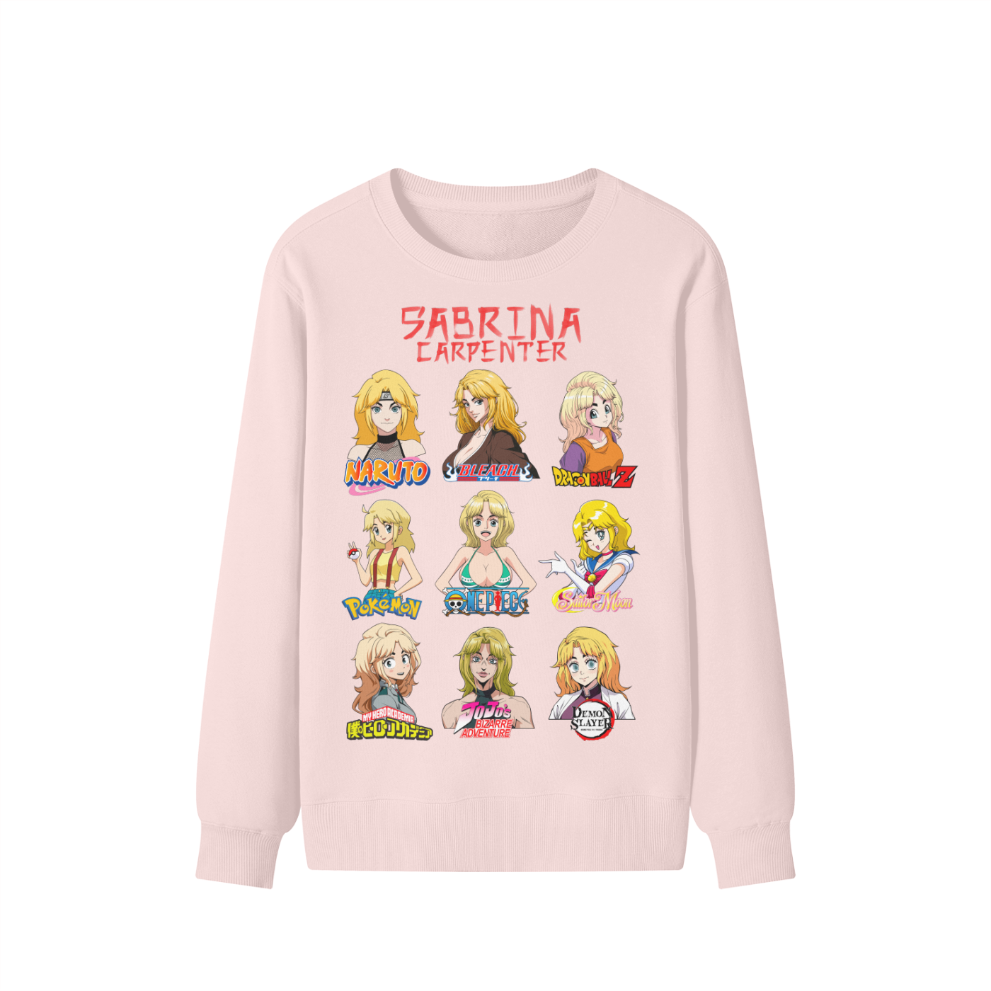 Sabrina Carpenter Anime Art Styles Light Pink Classic Sweatshirt, Naruto, Bleach, Dragonball Z, Pokémon, One Piece, Sailor Moon, My Hero Academia, Jojo's Bizarre Adventure, Demon Slayer