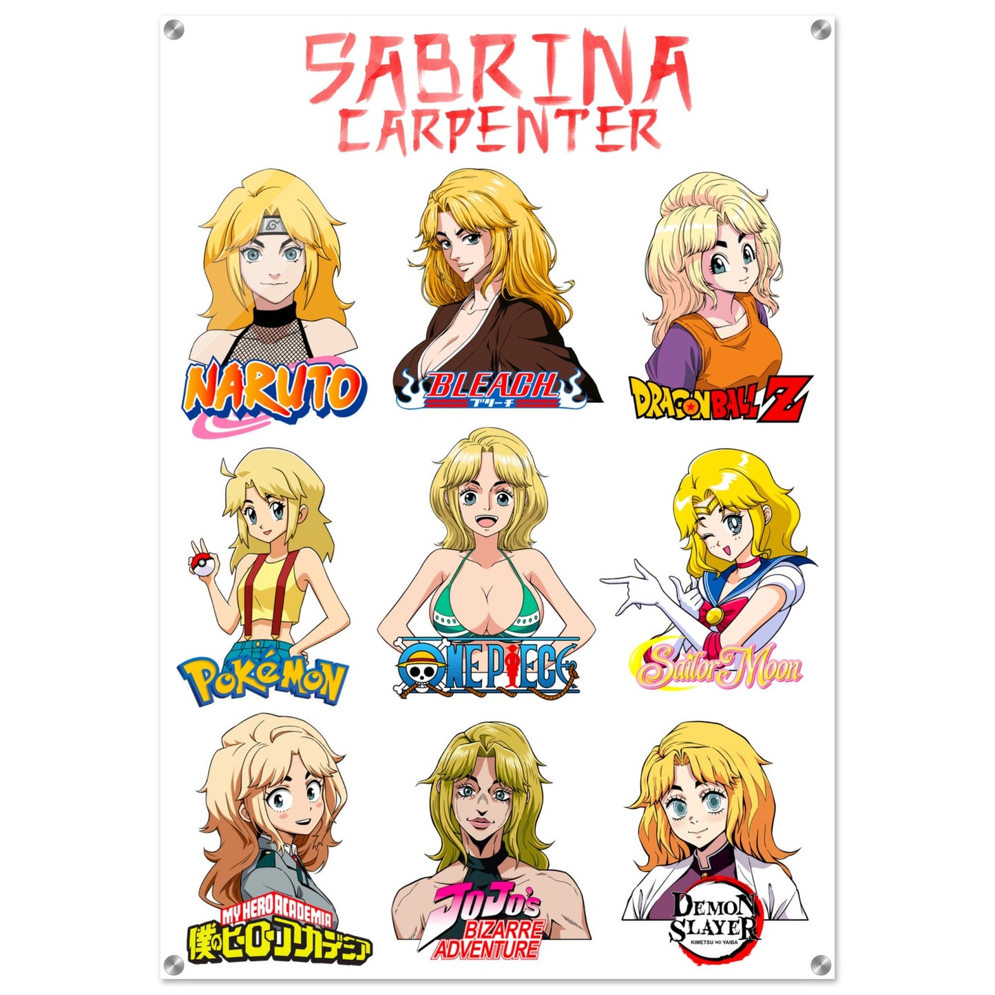 Sabrina Carpenter Anime Art Styles Premium Luxury Acrylic Glass Print, Naruto, Bleach, Dragon Ball Z, Pokémon, One Piece, Sailor Moon, My Hero Academia, Jojo's Bizarre Adventure, Demon Slayer