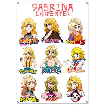 Sabrina Carpenter Anime Art Styles Premium Luxury Acrylic Glass Print, Naruto, Bleach, Dragon Ball Z, Pokémon, One Piece, Sailor Moon, My Hero Academia, Jojo's Bizarre Adventure, Demon Slayer