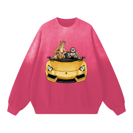 Cheetah & Sloth Lamborghini Aventador Pink Sunfaded Acid Wash Sweatshirt
