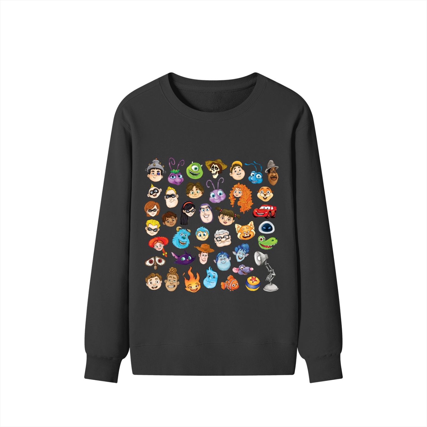 Watercolour Disney Pixar Protagonist Icons Black Classic Sweatshirt, Toy Story, A Bug’s Life, Monsters, Inc., Finding Nemo, The Incredibles, Cars, Ratatouille, WALL-E, Up, Brave, Inside Out, The Good Dinosaur, Coco, Onward, Soul, Luca, Turning Red, Elemental, Elio, Hoppers, Gatto