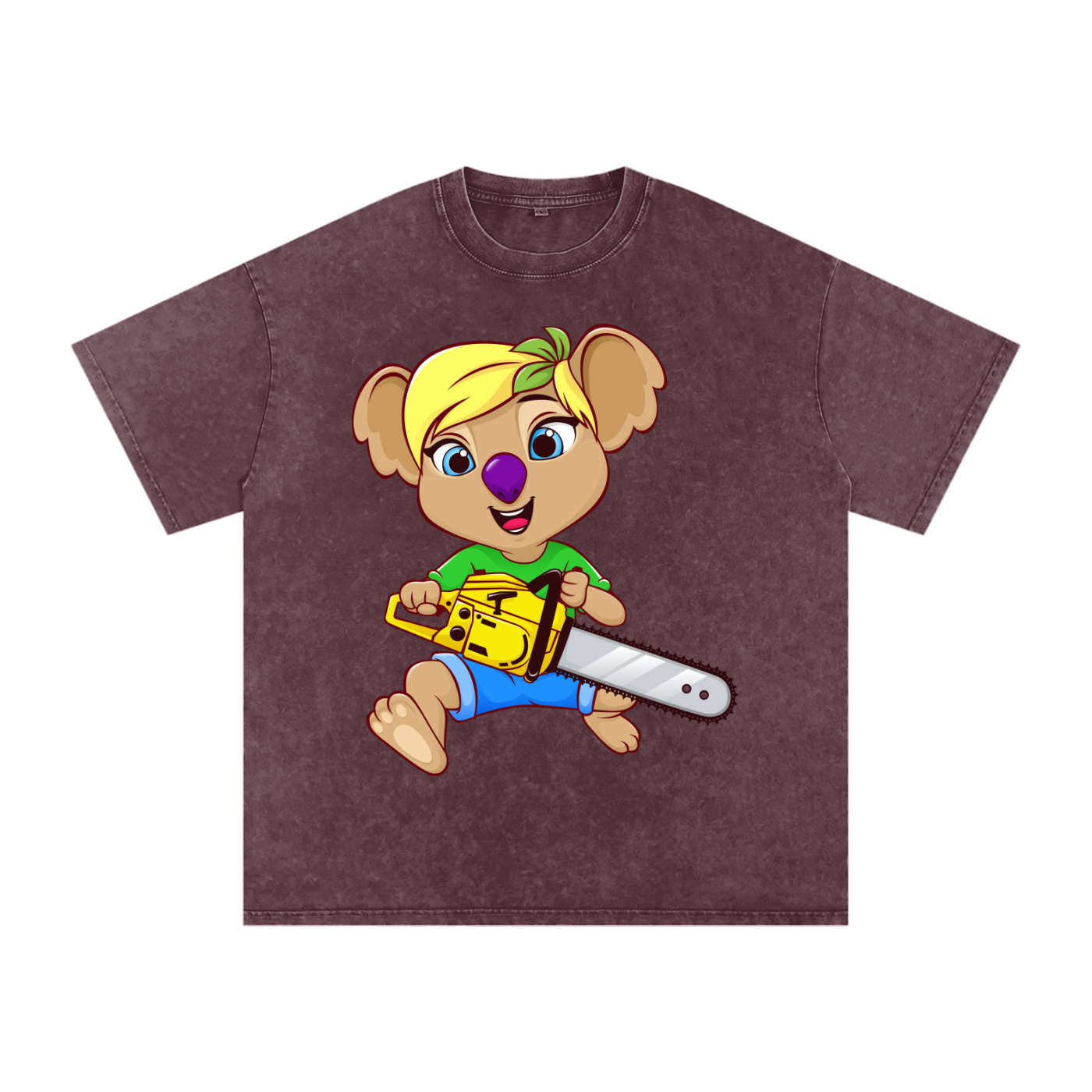 Disney Style Koala Chainsaw Acid Wash Maroon Tee