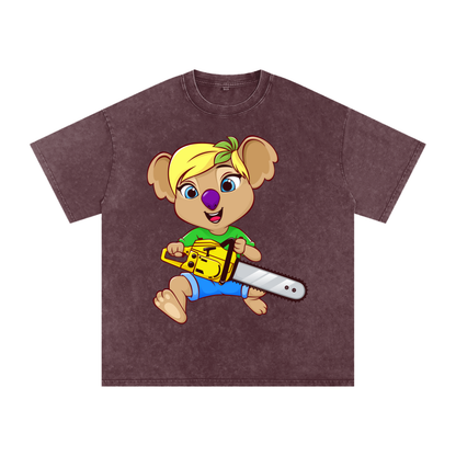 Disney Style Koala Chainsaw Acid Wash Maroon Tee