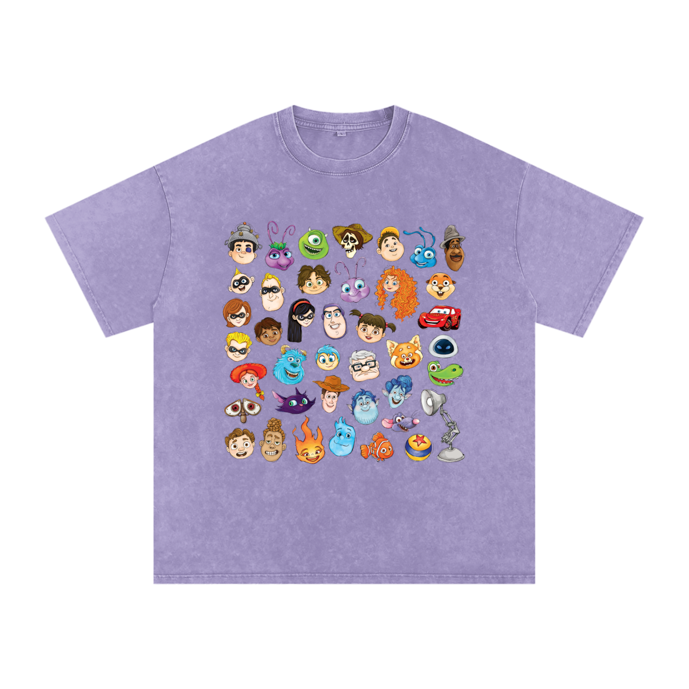Watercolour Disney Pixar Protagonist Icons Light Purple Acid Wash Tee, Toy Story, A Bug’s Life, Monsters, Inc., Finding Nemo, The Incredibles, Cars, Ratatouille, WALL-E, Up, Brave, Inside Out, The Good Dinosaur, Coco, Onward, Soul, Luca, Turning Red, Elemental, Elio, Hoppers, Gatto