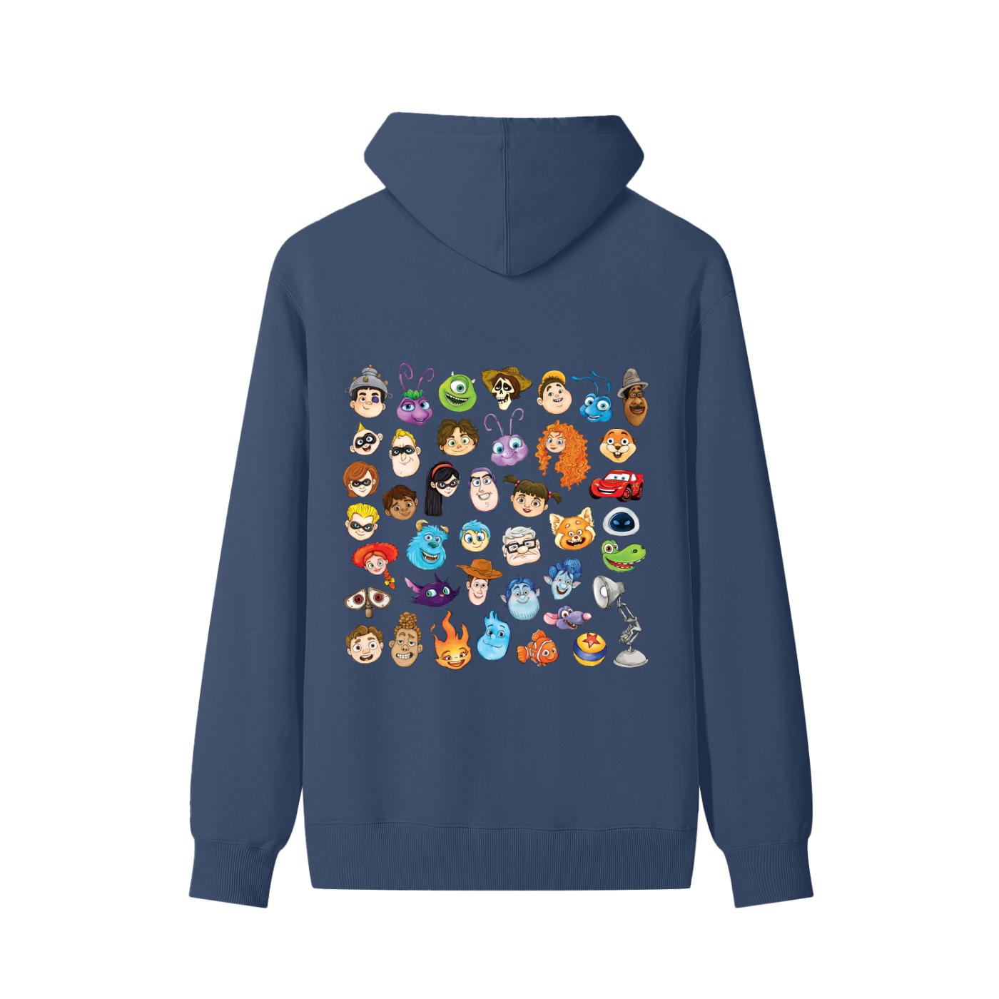 Watercolour Disney Pixar Protagonist Icons Dusty Navy Classic Hoodie, Toy Story, A Bug’s Life, Monsters, Inc., Finding Nemo, The Incredibles, Cars, Ratatouille, WALL-E, Up, Brave, Inside Out, The Good Dinosaur, Coco, Onward, Soul, Luca, Turning Red, Elemental, Elio, Hoppers, Gatto
