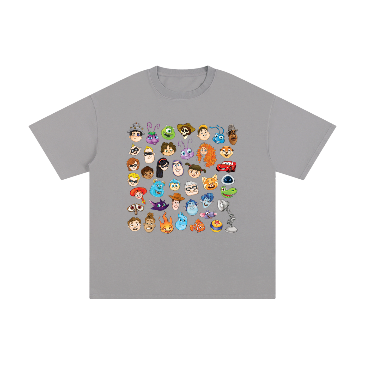 Watercolour Disney Pixar Protagonist Icons Light Grey Classic Tee, Toy Story, A Bug’s Life, Monsters, Inc., Finding Nemo, The Incredibles, Cars, Ratatouille, WALL-E, Up, Brave, Inside Out, The Good Dinosaur, Coco, Onward, Soul, Luca, Turning Red, Elemental, Elio, Hoppers, Gatto