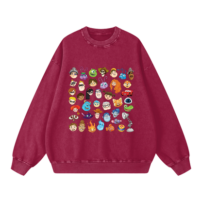 Watercolour Disney Pixar Protagonist Icons Maroon Acid Wash Sweatshirt, Toy Story, A Bug’s Life, Monsters, Inc., Finding Nemo, The Incredibles, Cars, Ratatouille, WALL-E, Up, Brave, Inside Out, The Good Dinosaur, Coco, Onward, Soul, Luca, Turning Red, Elemental, Elio, Hoppers, Gatto