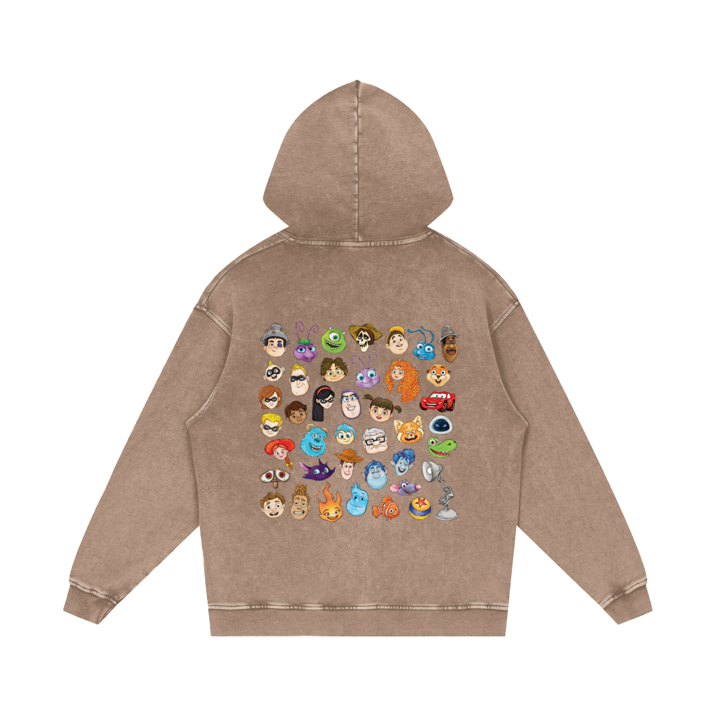 Watercolour Disney Pixar Protagonist Icons Sand Acid Wash Hoodie, Toy Story, A Bug’s Life, Monsters, Inc., Finding Nemo, The Incredibles, Cars, Ratatouille, WALL-E, Up, Brave, Inside Out, The Good Dinosaur, Coco, Onward, Soul, Luca, Turning Red, Elemental, Elio, Hoppers, Gatto