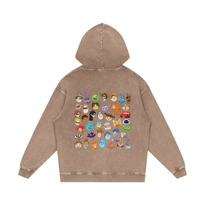 Watercolour Disney Pixar Protagonist Icons Sand Acid Wash Hoodie, Toy Story, A Bug’s Life, Monsters, Inc., Finding Nemo, The Incredibles, Cars, Ratatouille, WALL-E, Up, Brave, Inside Out, The Good Dinosaur, Coco, Onward, Soul, Luca, Turning Red, Elemental, Elio, Hoppers, Gatto