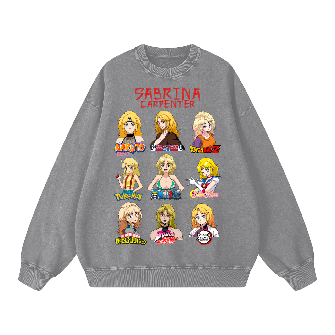 Sabrina Carpenter Anime Art Styles Light Grey Acid Wash Sweatshirt, Naruto, Bleach, Dragonball Z, Pokémon, One Piece, Sailor Moon, My Hero Academia, Jojo's Bizarre Adventure, Demon Slayer