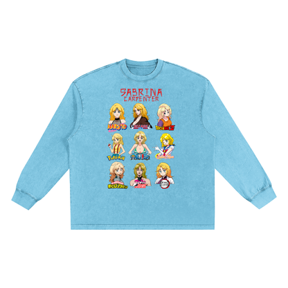 Sabrina Carpenter Anime Art Styles Sky Blue Snow Washed Long Sleeve Tee, Naruto, Bleach, Dragonball Z, Pokémon, One Piece, Sailor Moon, My Hero Academia, Jojo's Bizarre Adventure, Demon Slayer