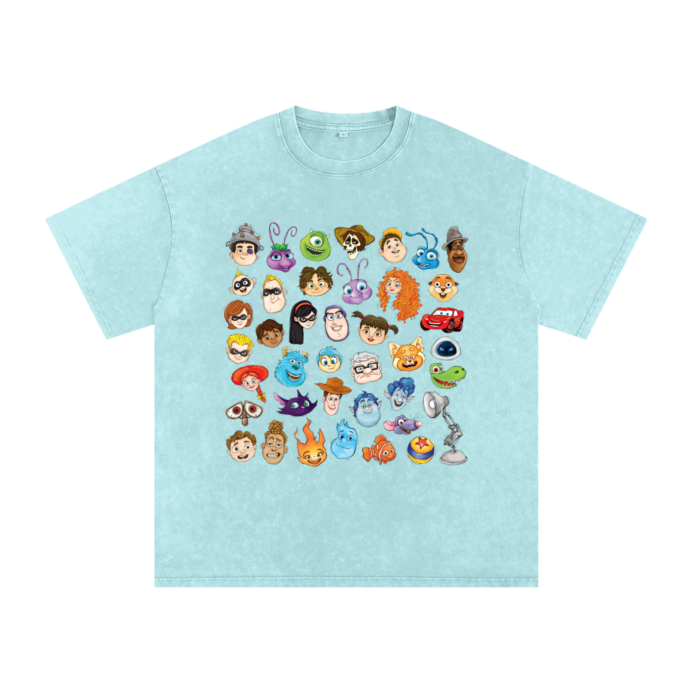 Watercolour Disney Pixar Protagonist Icons Ice Blue Acid Wash Tee, Toy Story, A Bug’s Life, Monsters, Inc., Finding Nemo, The Incredibles, Cars, Ratatouille, WALL-E, Up, Brave, Inside Out, The Good Dinosaur, Coco, Onward, Soul, Luca, Turning Red, Elemental, Elio, Hoppers, Gatto
