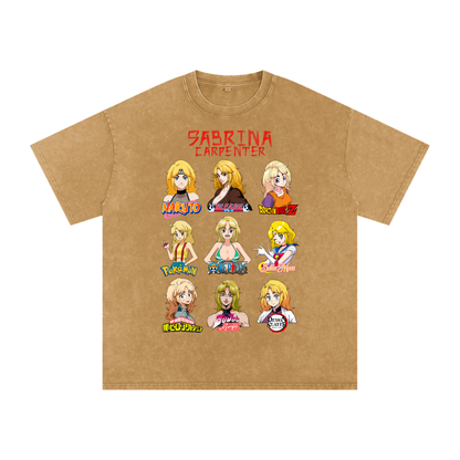 Sabrina Carpenter Anime Art Styles Light Brown Acid Wash Tee, Naruto, Bleach, Dragonball Z, Pokémon, One Piece, Sailor Moon, My Hero Academia, Jojo's Bizarre Adventure, Demon Slayer