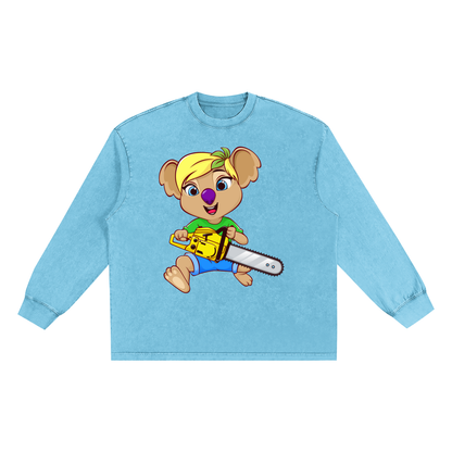 Disney Style Koala Chainsaw Snow Washed Long Sleeve Sky Blue Tee
