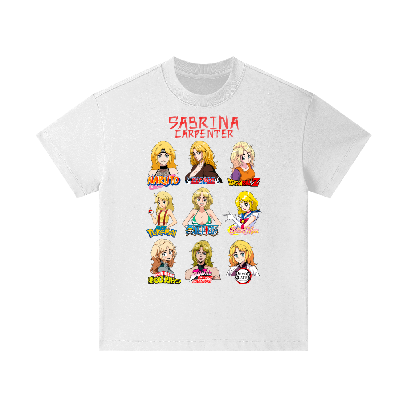 Sabrina Carpenter Anime Art Styles White Classic Kids' Tee, Naruto, Bleach, Dragonball Z, Pokémon, One Piece, Sailor Moon, My Hero Academia, Jojo's Bizarre Adventure, Demon Slayer