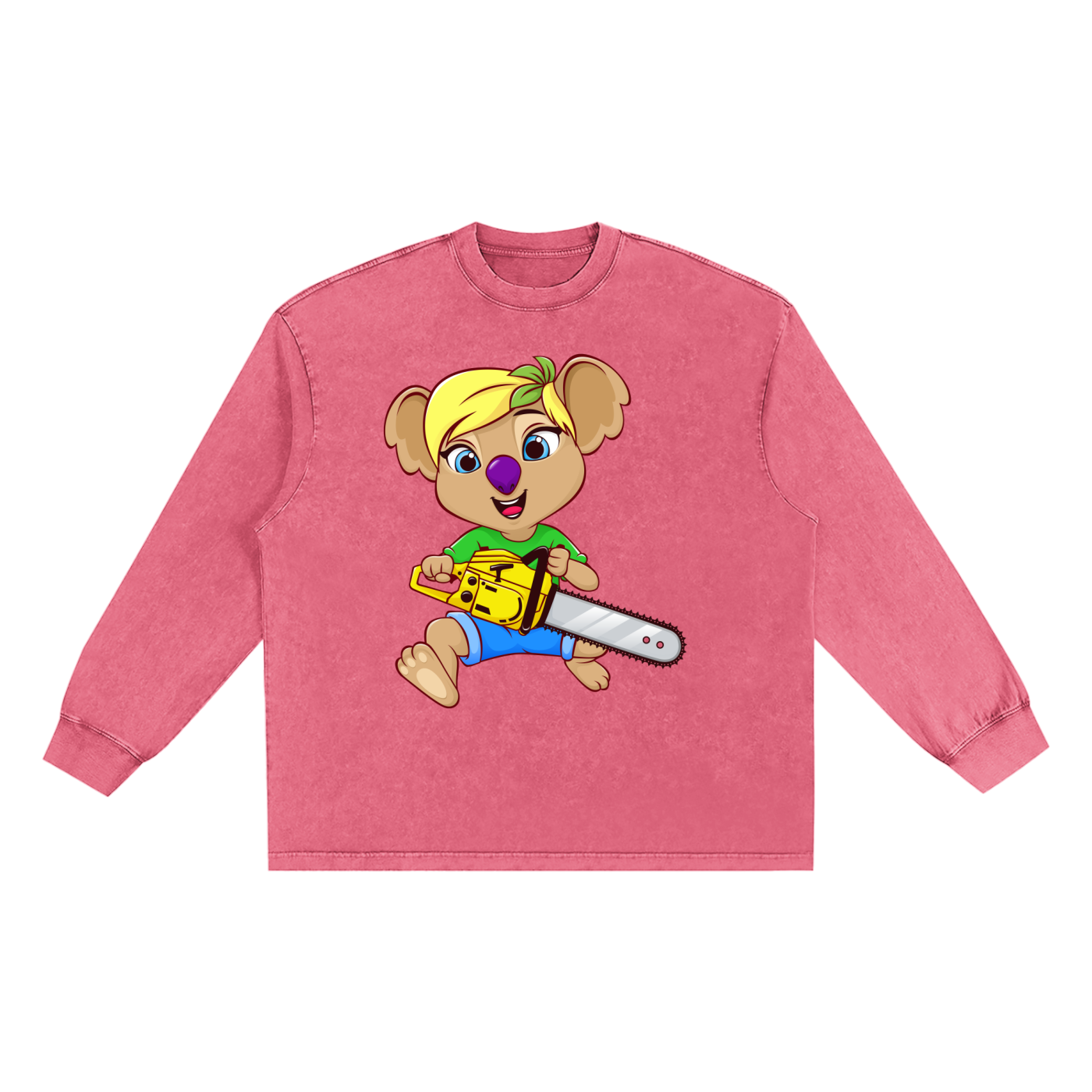 Disney Style Koala Chainsaw Snow Washed Long Sleeve Rose Pink Tee