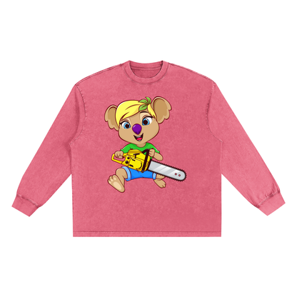 Disney Style Koala Chainsaw Snow Washed Long Sleeve Rose Pink Tee