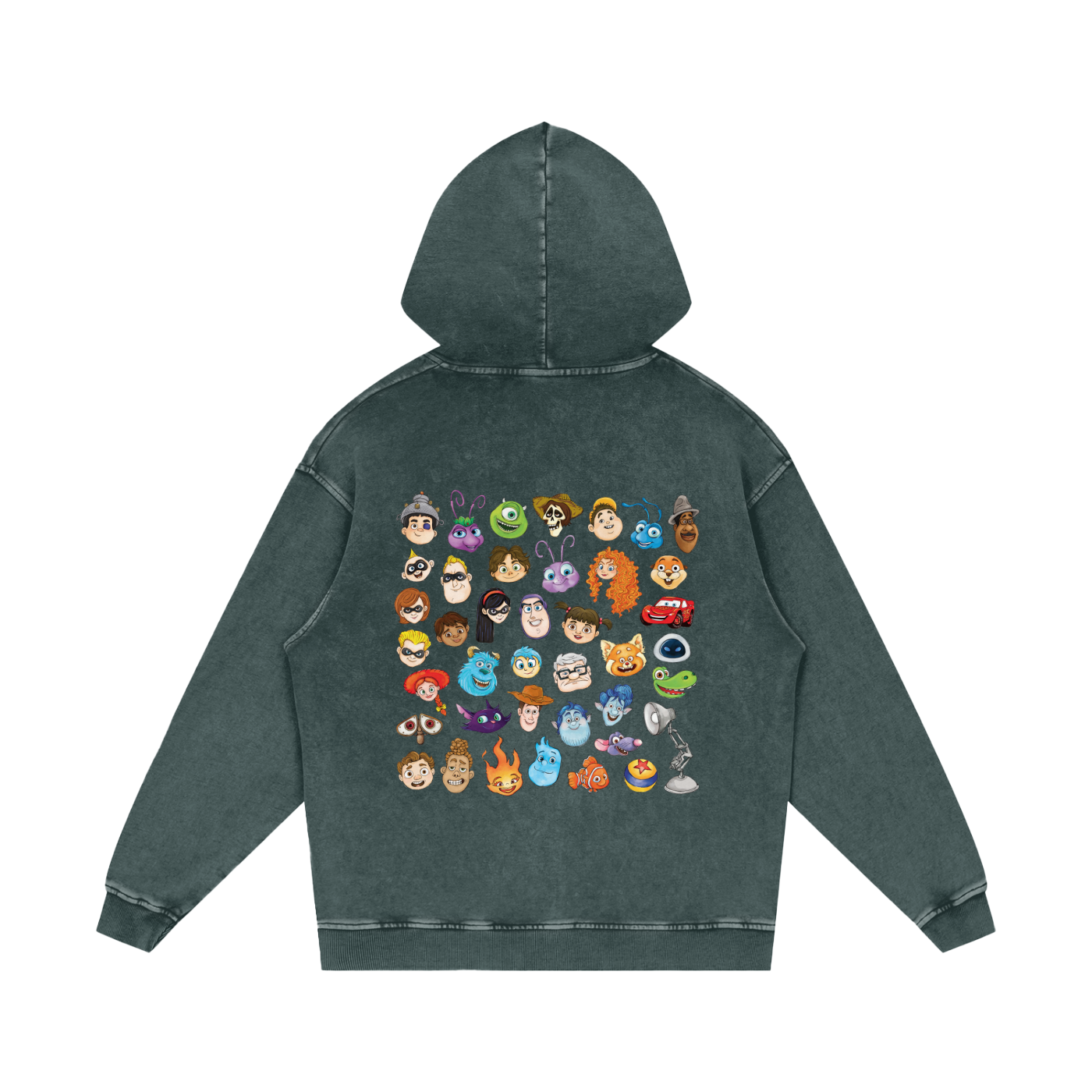 Watercolour Disney Pixar Protagonist Icons Dark Green Acid Wash Hoodie, Toy Story, A Bug’s Life, Monsters, Inc., Finding Nemo, The Incredibles, Cars, Ratatouille, WALL-E, Up, Brave, Inside Out, The Good Dinosaur, Coco, Onward, Soul, Luca, Turning Red, Elemental, Elio, Hoppers, Gatto