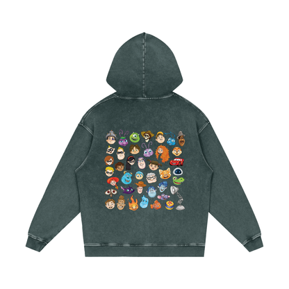 Watercolour Disney Pixar Protagonist Icons Dark Green Acid Wash Hoodie, Toy Story, A Bug’s Life, Monsters, Inc., Finding Nemo, The Incredibles, Cars, Ratatouille, WALL-E, Up, Brave, Inside Out, The Good Dinosaur, Coco, Onward, Soul, Luca, Turning Red, Elemental, Elio, Hoppers, Gatto