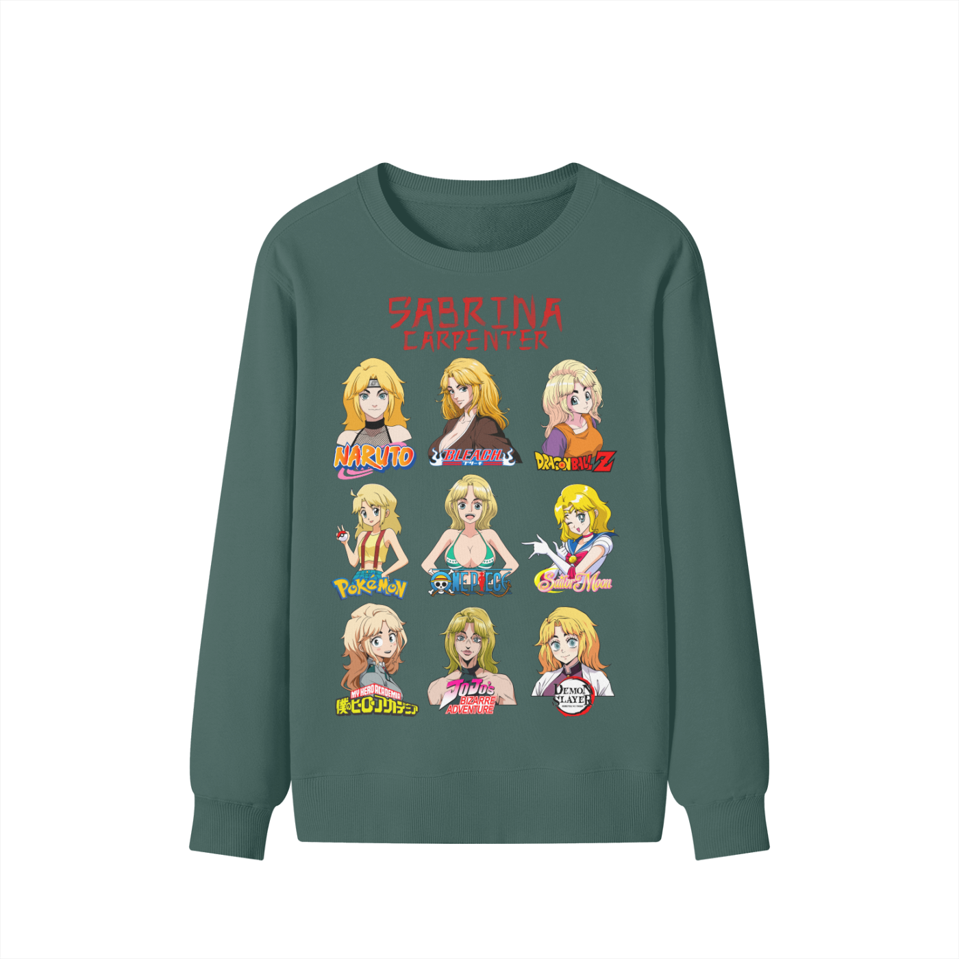 Sabrina Carpenter Anime Art Styles Forest Green Classic Sweatshirt, Naruto, Bleach, Dragonball Z, Pokémon, One Piece, Sailor Moon, My Hero Academia, Jojo's Bizarre Adventure, Demon Slayer