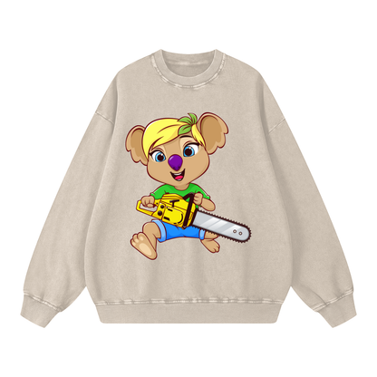 Disney Style Koala Chainsaw Acid Wash Light Khaki Sweatshirt