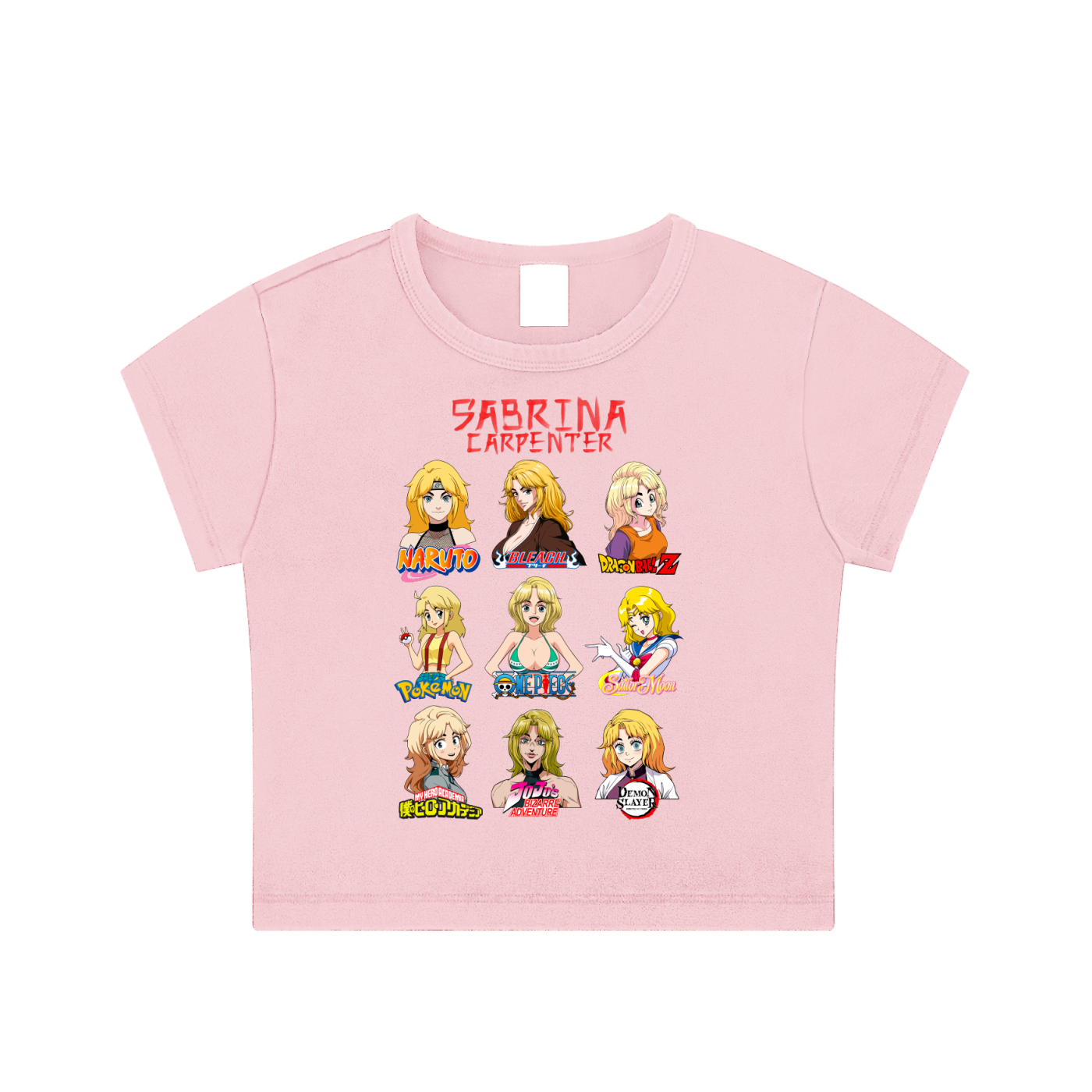 Sabrina Carpenter Anime Art Styles Pink Woman's Snow Washed Crop Top, Naruto, Bleach, Dragonball Z, Pokémon, One Piece, Sailor Moon, My Hero Academia, Jojo's Bizarre Adventure, Demon Slayer
