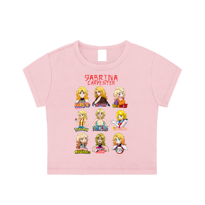 Sabrina Carpenter Anime Art Styles Pink Woman's Snow Washed Crop Top, Naruto, Bleach, Dragonball Z, Pokémon, One Piece, Sailor Moon, My Hero Academia, Jojo's Bizarre Adventure, Demon Slayer