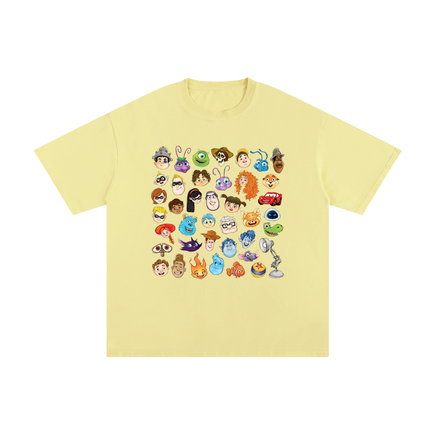 Watercolour Disney Pixar Protagonist Icons Light Yellow Classic Tee, Toy Story, A Bug’s Life, Monsters, Inc., Finding Nemo, The Incredibles, Cars, Ratatouille, WALL-E, Up, Brave, Inside Out, The Good Dinosaur, Coco, Onward, Soul, Luca, Turning Red, Elemental, Elio, Hoppers, Gatto