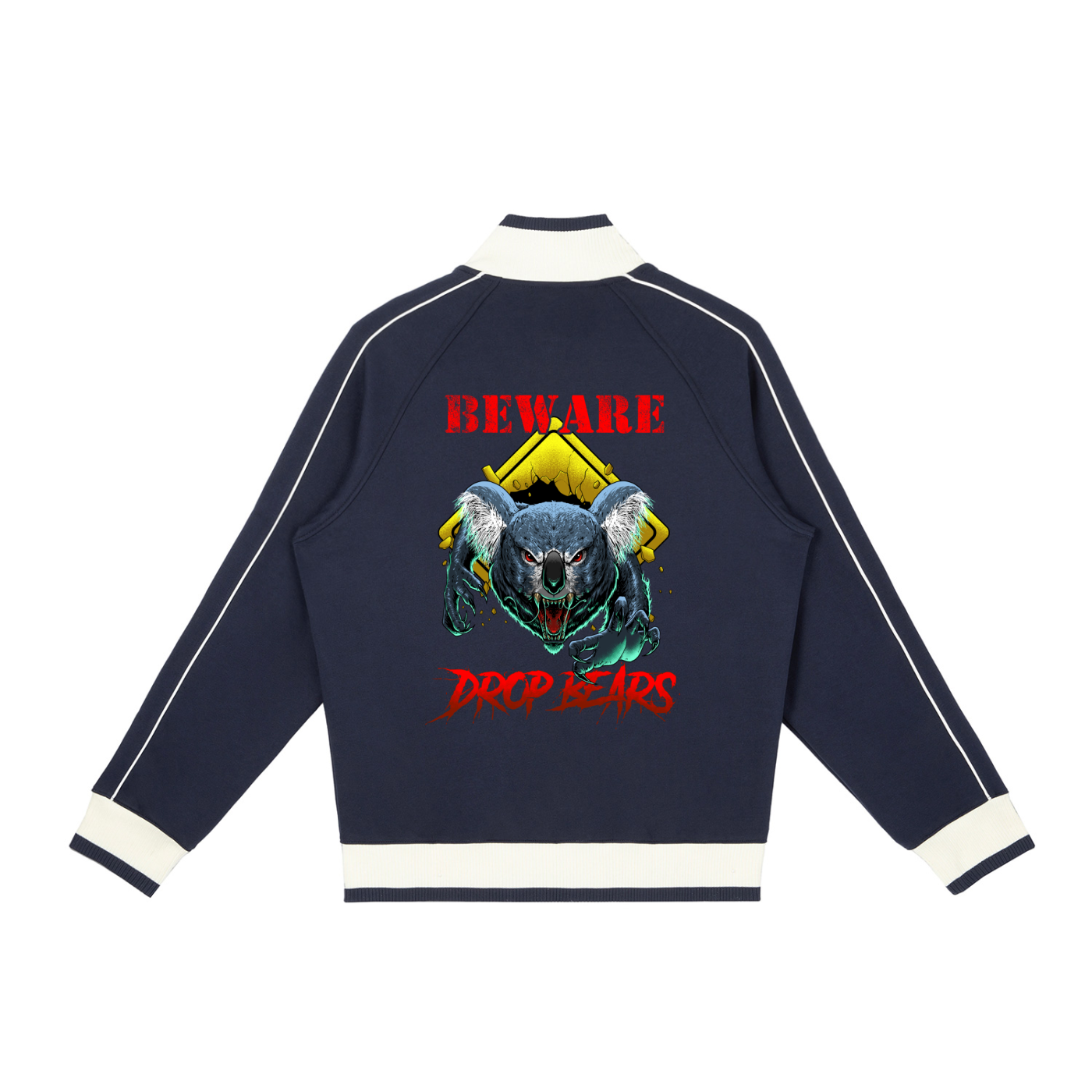 Beware Drop Bear Navy Blue Retro Raglan Zip-Up Track Jacket
