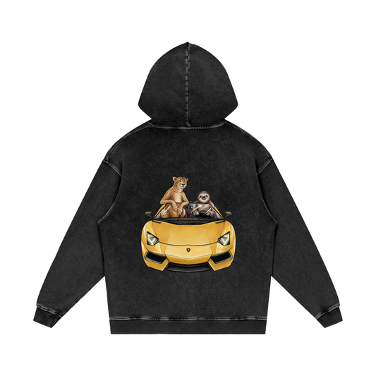 Cheetah & Sloth Lamborghini Aventador Black Acid Wash Hoodie