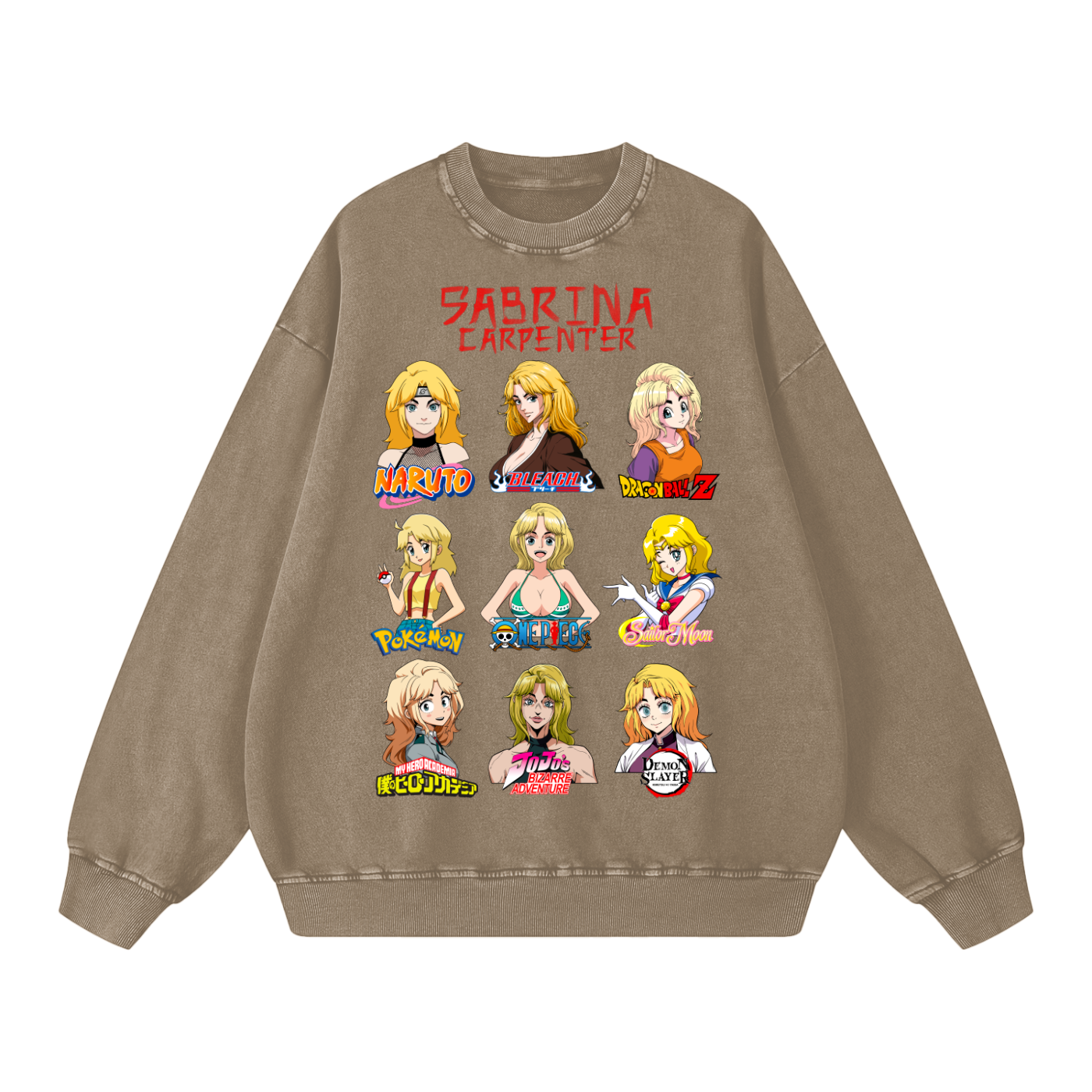 Sabrina Carpenter Anime Art Styles Warm Taupe Acid Wash Sweatshirt, Naruto, Bleach, Dragonball Z, Pokémon, One Piece, Sailor Moon, My Hero Academia, Jojo's Bizarre Adventure, Demon Slayer