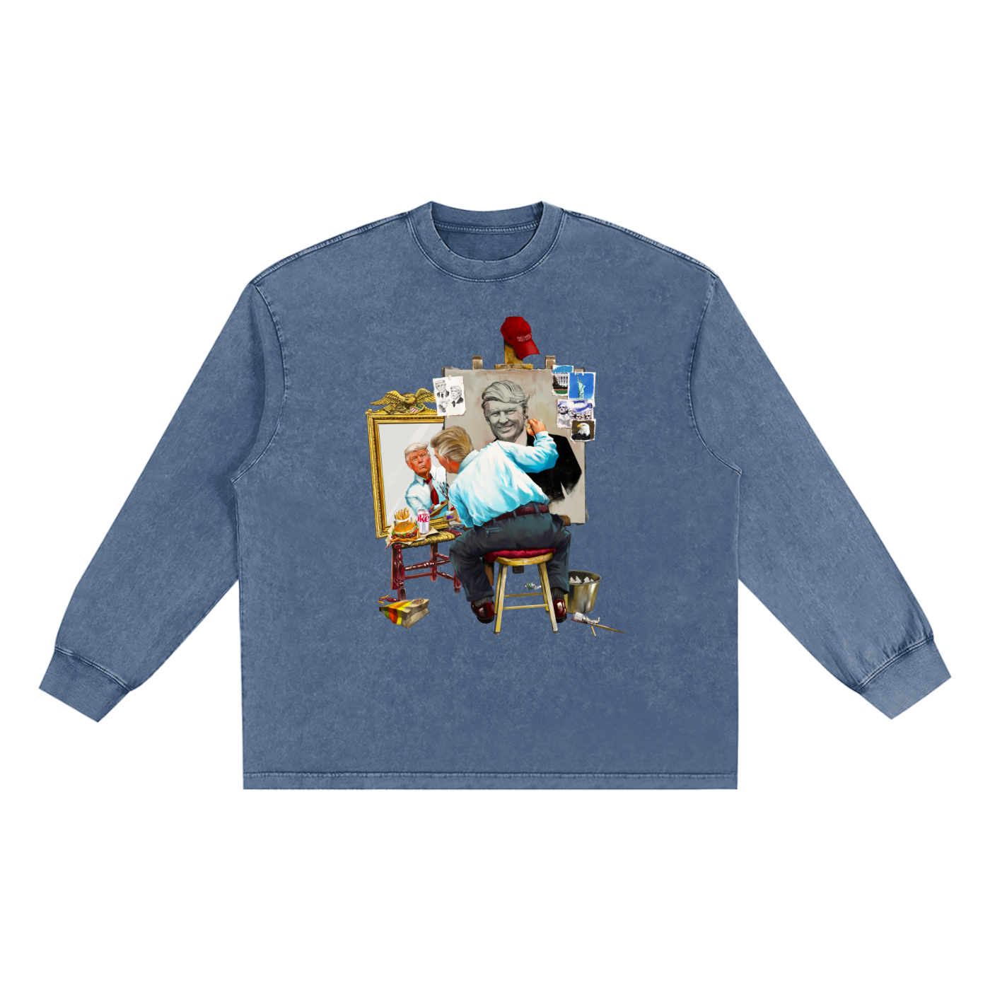 Donald Trump Triple Self Portrait Snow Washed Long Sleeve Chambray Blue Tee