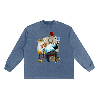 Donald Trump Triple Self Portrait Snow Washed Long Sleeve Chambray Blue Tee