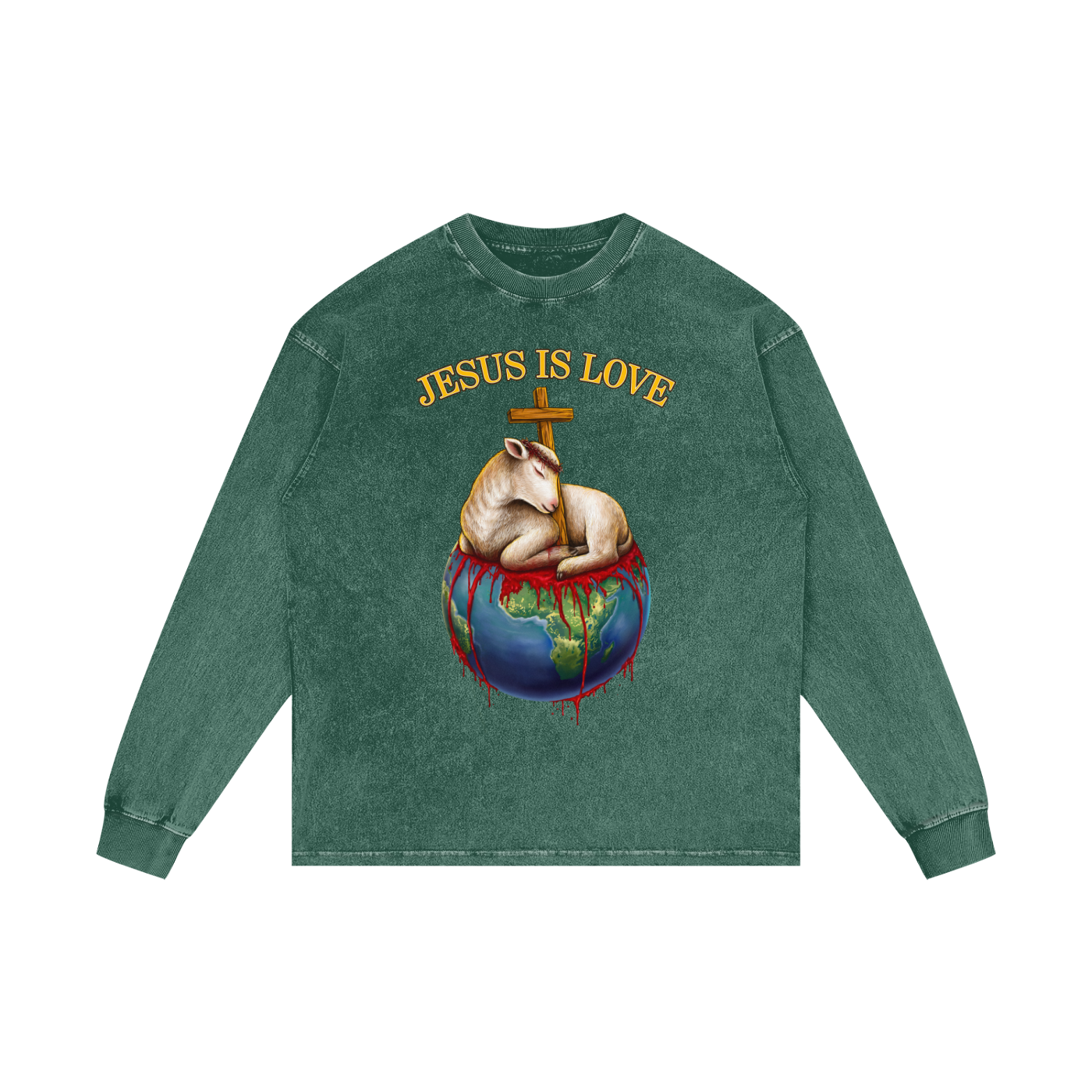 Jesus Is Love Dark Green Acid Wash Long Sleeve Tee