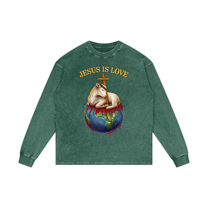 Jesus Is Love Dark Green Acid Wash Long Sleeve Tee
