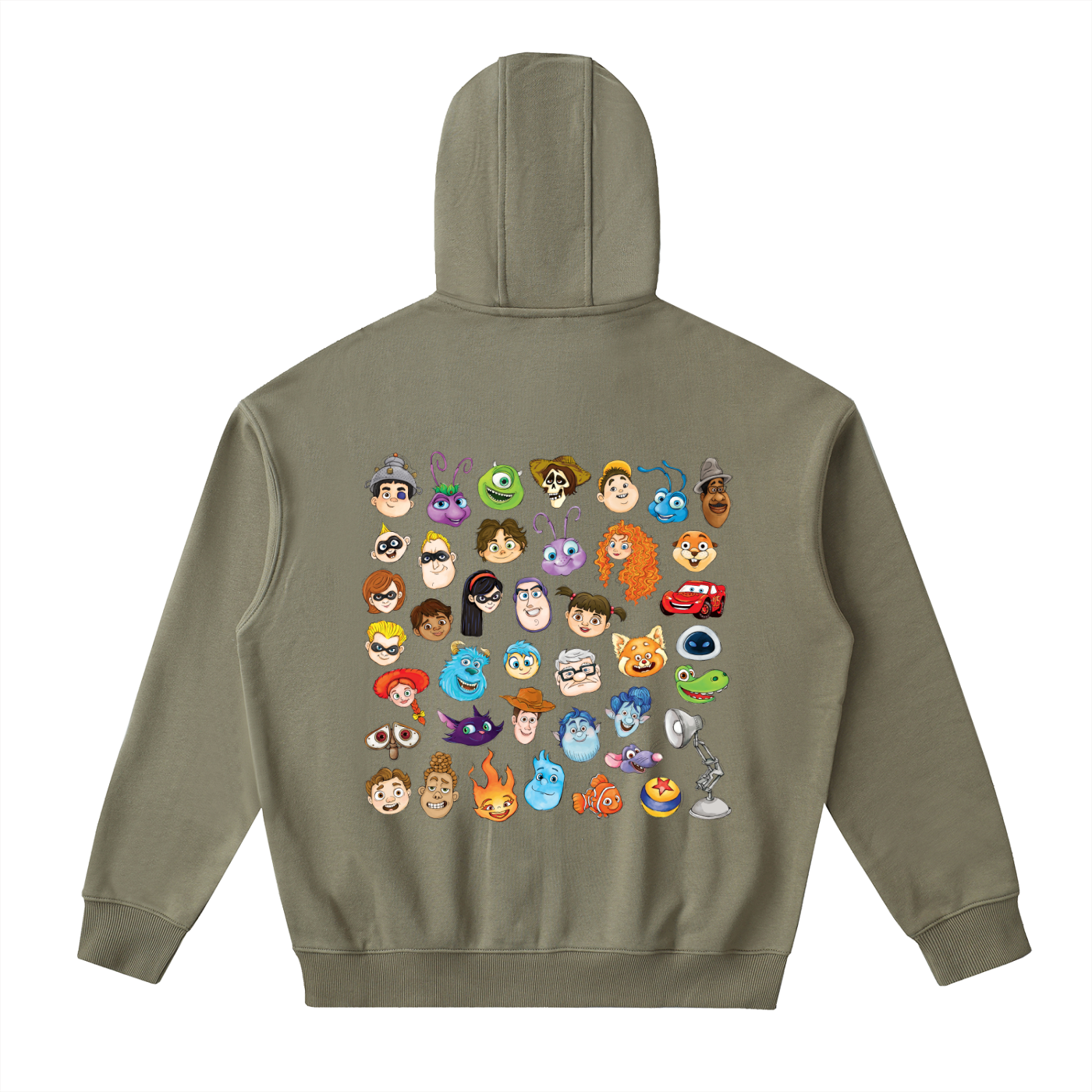 Watercolour Disney Pixar Protagonist Icons Army Green Classic Zip-Up Hoodie, Toy Story, A Bug’s Life, Monsters, Inc., Finding Nemo, The Incredibles, Cars, Ratatouille, WALL-E, Up, Brave, Inside Out, The Good Dinosaur, Coco, Onward, Soul, Luca, Turning Red, Elemental, Elio, Hoppers, Gatto