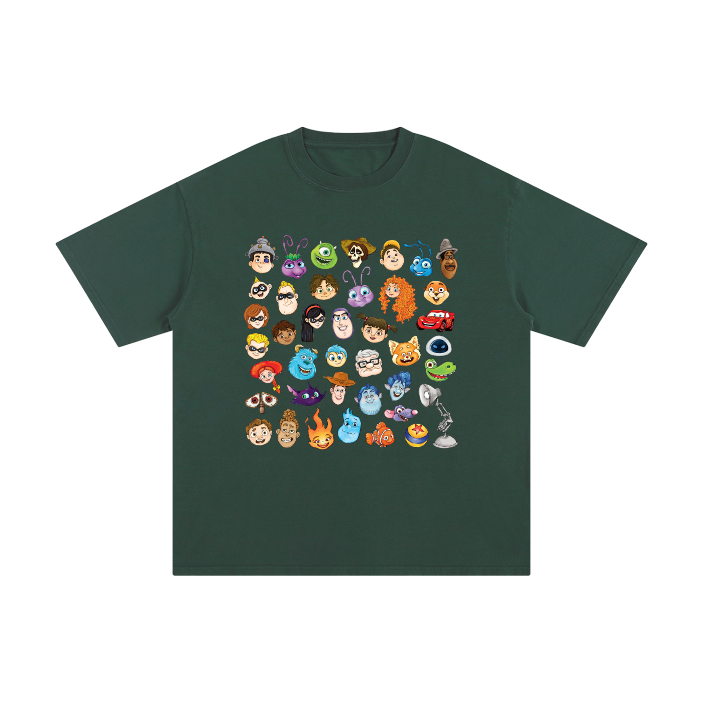 Watercolour Disney Pixar Protagonist Icons Forest Green Classic Tee, Toy Story, A Bug’s Life, Monsters, Inc., Finding Nemo, The Incredibles, Cars, Ratatouille, WALL-E, Up, Brave, Inside Out, The Good Dinosaur, Coco, Onward, Soul, Luca, Turning Red, Elemental, Elio, Hoppers, Gatto