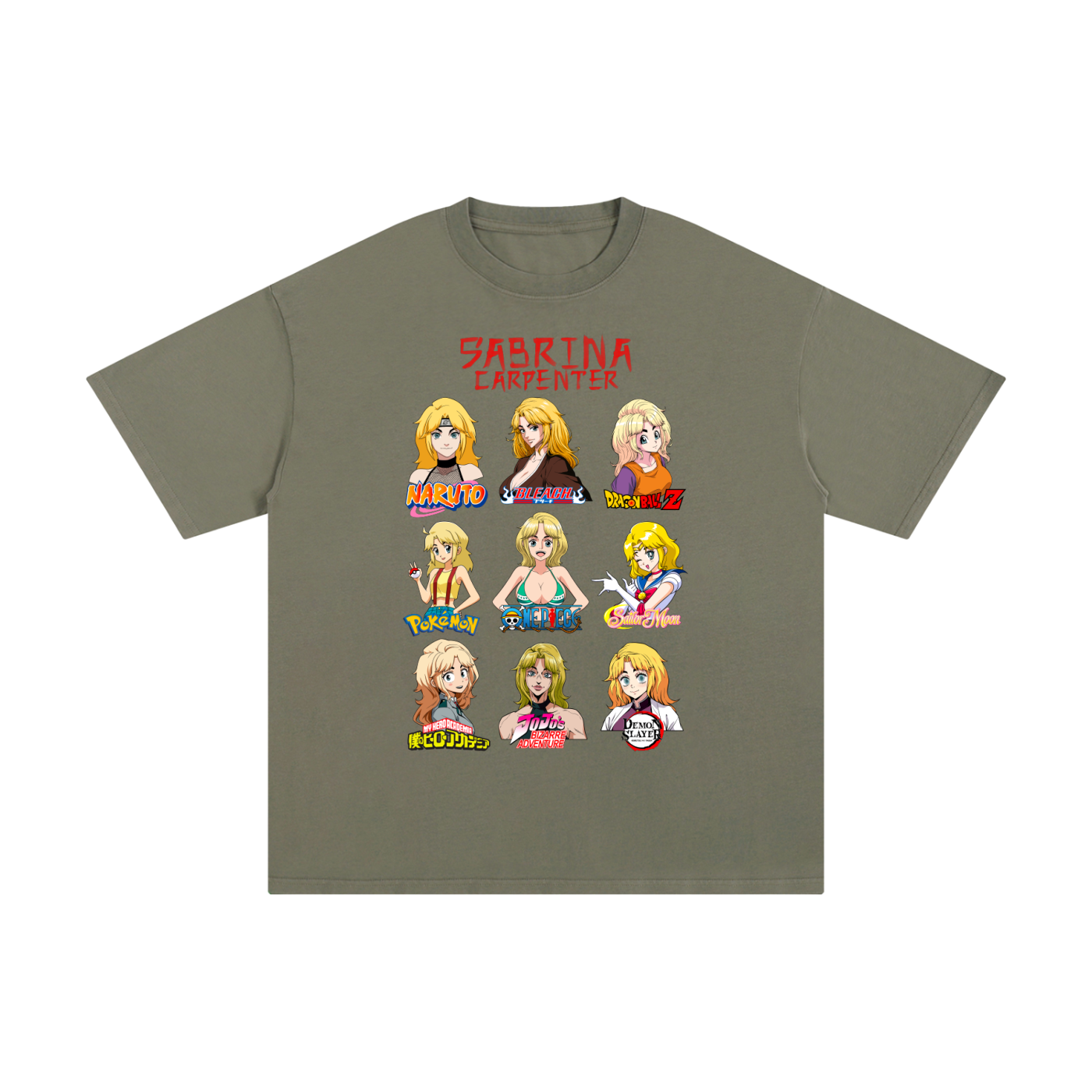 Sabrina Carpenter Anime Art Styles Ashen Olive Classic Tee, Naruto, Bleach, Dragonball Z, Pokémon, One Piece, Sailor Moon, My Hero Academia, Jojo's Bizarre Adventure, Demon Slayer