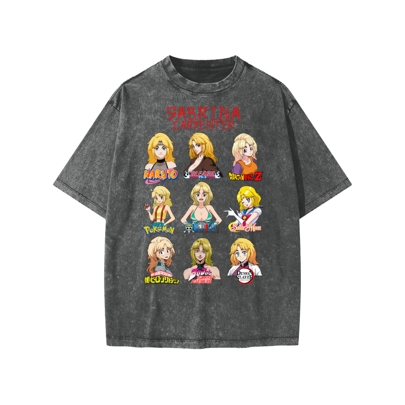 Sabrina Carpenter Anime Art Styles Dark Grey Snow Washed Kids' Tee, Naruto, Bleach, Dragonball Z, Pokémon, One Piece, Sailor Moon, My Hero Academia, Jojo's Bizarre Adventure, Demon Slayer