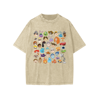 Watercolour Disney Pixar Protagonist Icons Khaki Snow Washed Kids' Tee, Toy Story, A Bug’s Life, Monsters, Inc., Finding Nemo, The Incredibles, Cars, Ratatouille, WALL-E, Up, Brave, Inside Out, The Good Dinosaur, Coco, Onward, Soul, Luca, Turning Red, Elemental, Elio, Hoppers, Gatto