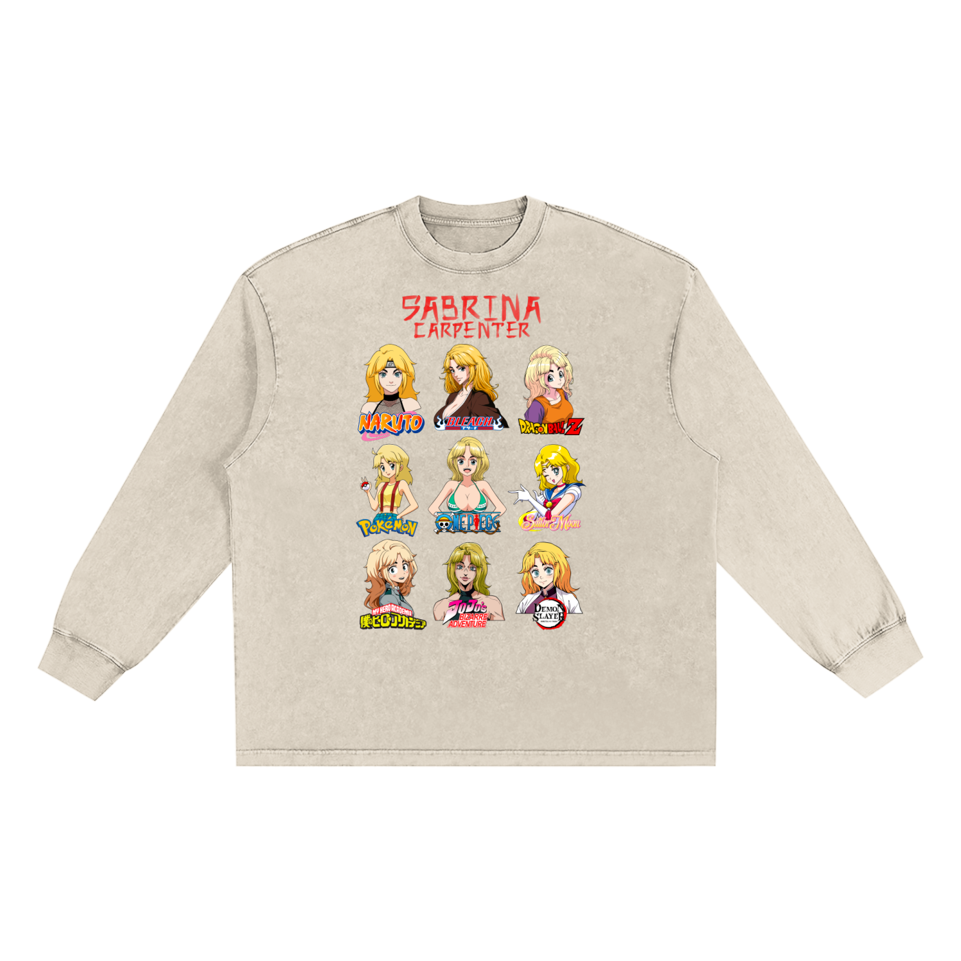 Sabrina Carpenter Anime Art Styles Light Khaki Snow Washed Long Sleeve Tee, Naruto, Bleach, Dragonball Z, Pokémon, One Piece, Sailor Moon, My Hero Academia, Jojo's Bizarre Adventure, Demon Slayer