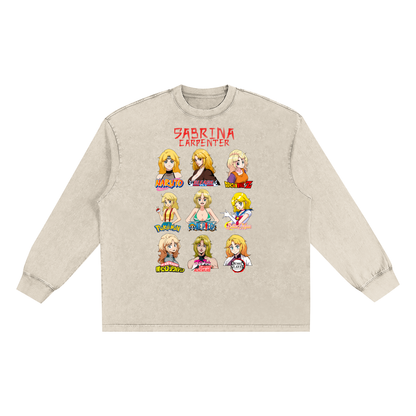 Sabrina Carpenter Anime Art Styles Light Khaki Snow Washed Long Sleeve Tee, Naruto, Bleach, Dragonball Z, Pokémon, One Piece, Sailor Moon, My Hero Academia, Jojo's Bizarre Adventure, Demon Slayer