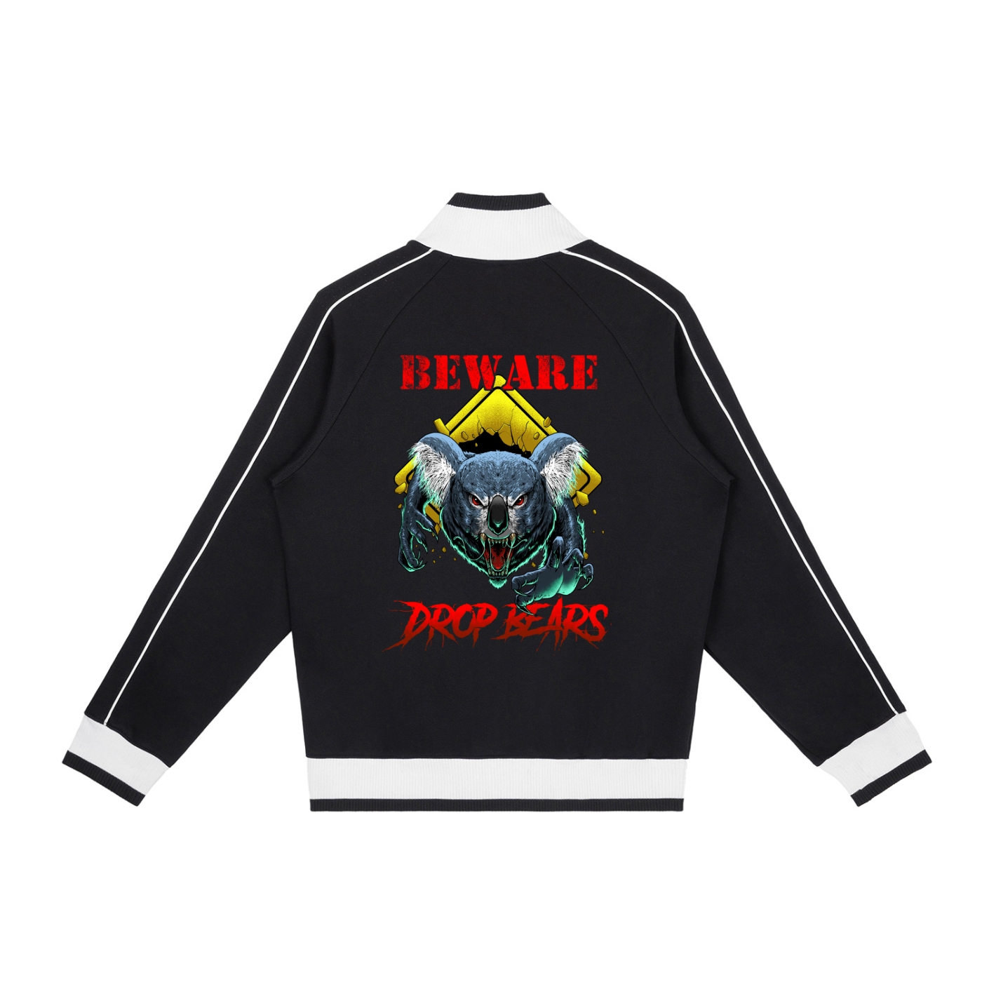 Beware Drop Bear Black Retro Raglan Zip-Up Track Jacket