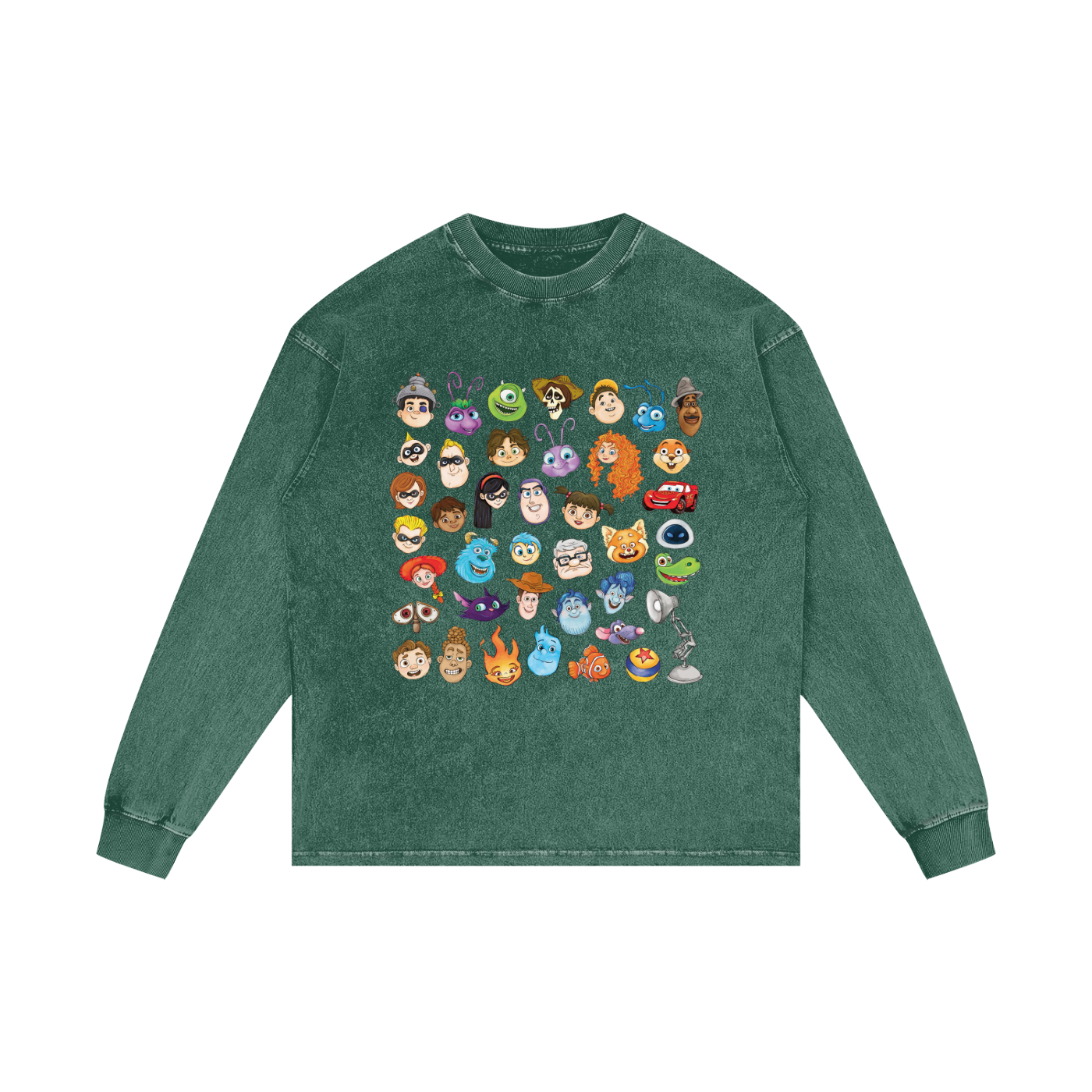 Watercolour Disney Pixar Protagonist Icons Dark Green Acid Wash Long Sleeve T-Shirt, Toy Story, A Bug’s Life, Monsters, Inc., Finding Nemo, The Incredibles, Cars, Ratatouille, WALL-E, Up, Brave, Inside Out, The Good Dinosaur, Coco, Onward, Soul, Luca, Turning Red, Elemental, Elio, Hoppers, Gatto