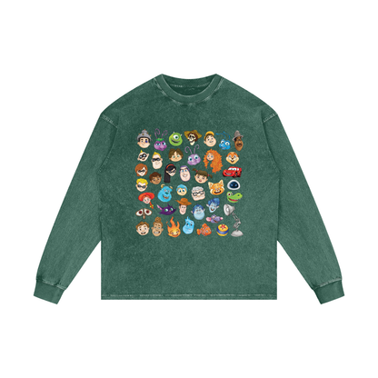 Watercolour Disney Pixar Protagonist Icons Dark Green Acid Wash Long Sleeve T-Shirt, Toy Story, A Bug’s Life, Monsters, Inc., Finding Nemo, The Incredibles, Cars, Ratatouille, WALL-E, Up, Brave, Inside Out, The Good Dinosaur, Coco, Onward, Soul, Luca, Turning Red, Elemental, Elio, Hoppers, Gatto