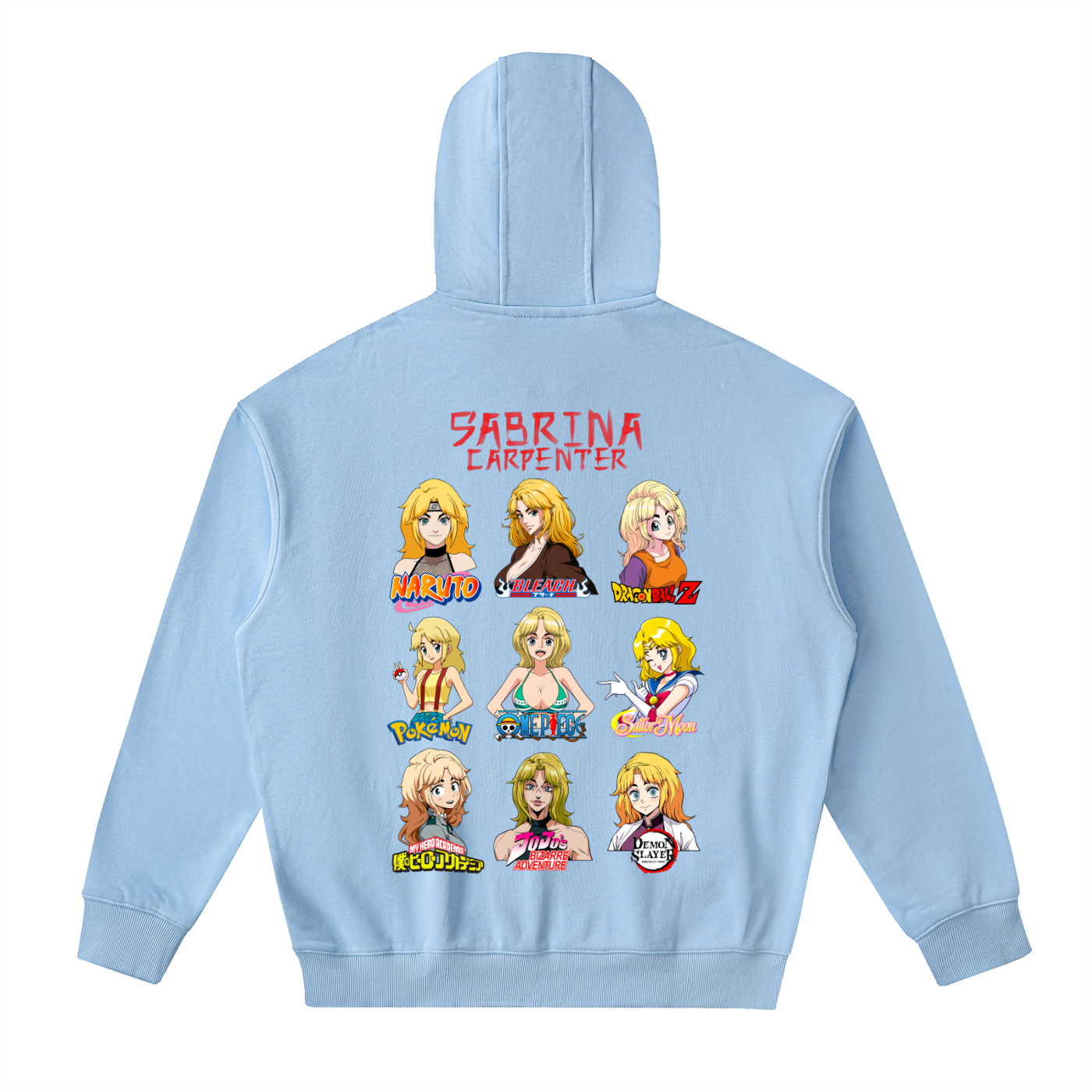 Sabrina Carpenter Anime Art Styles Sky Blue Classic Zip-Up Hoodie, Naruto, Bleach, Dragonball Z, Pokémon, One Piece, Sailor Moon, My Hero Academia, Jojo's Bizarre Adventure, Demon Slayer